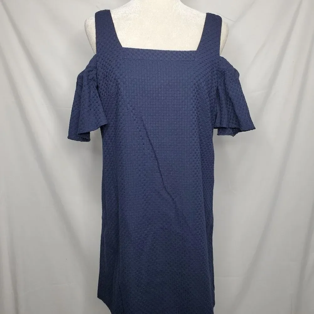 NEW‎ J CREW dress navy blue cold shoulder basket weave shift M
